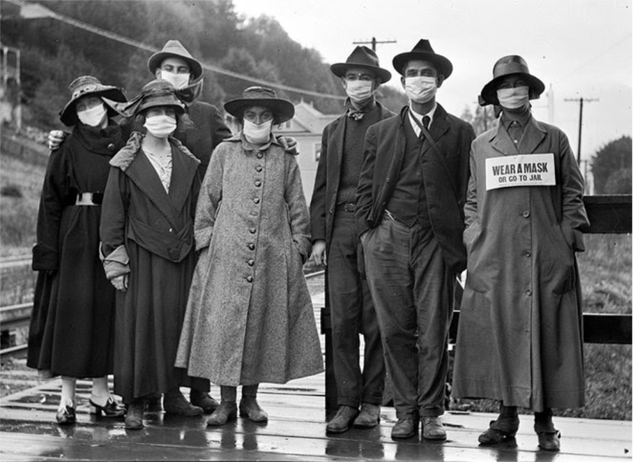 © Raymond Coyne - « Locust Avenue, Masks On ») sur Locust Avenue à Mill Valley, en Californie, le 3 novembre 1918.